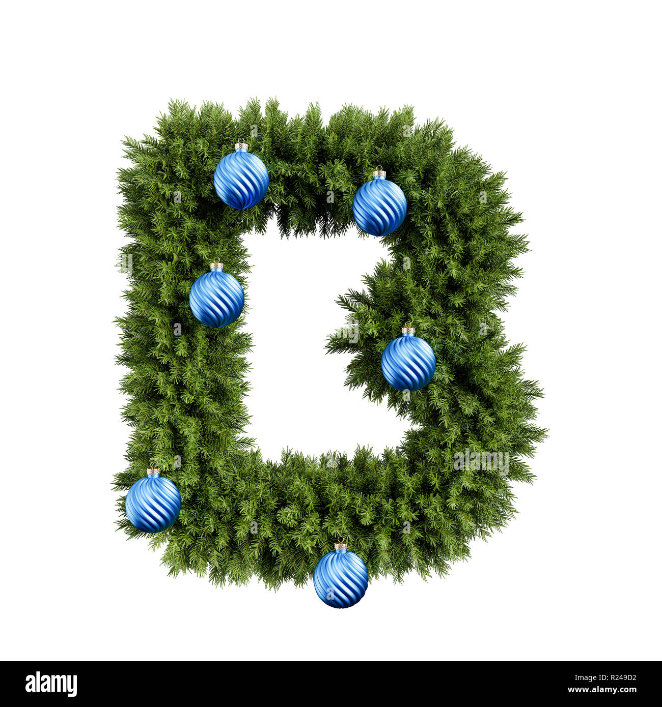 Christmas alphabet ABC character letter B font with Christmas ball. Christmas tree branches capital letters decoration type with Christmas sphere. Hig Stock Photo