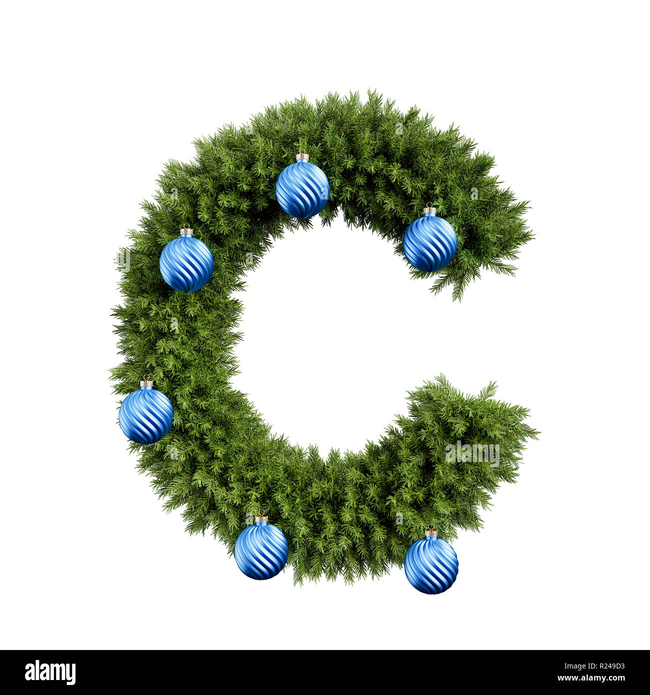 Christmas alphabet ABC character letter C font with Christmas ball. Christmas tree branches capital letters decoration type with Christmas sphere. Hig Stock Photo