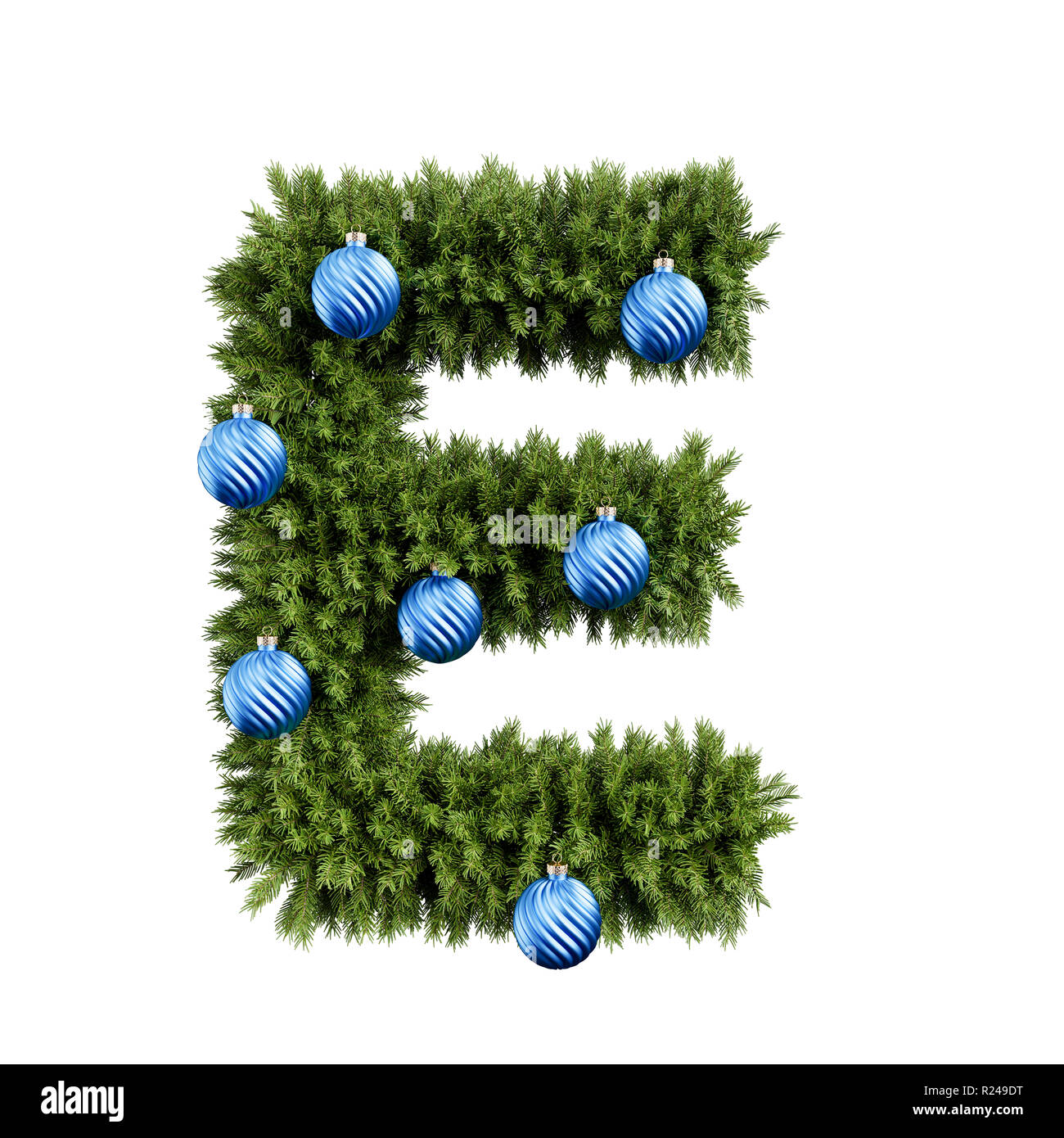 Christmas alphabet ABC character letter E font with Christmas ball. Christmas tree branches capital letters decoration type with Christmas sphere. Hig Stock Photo