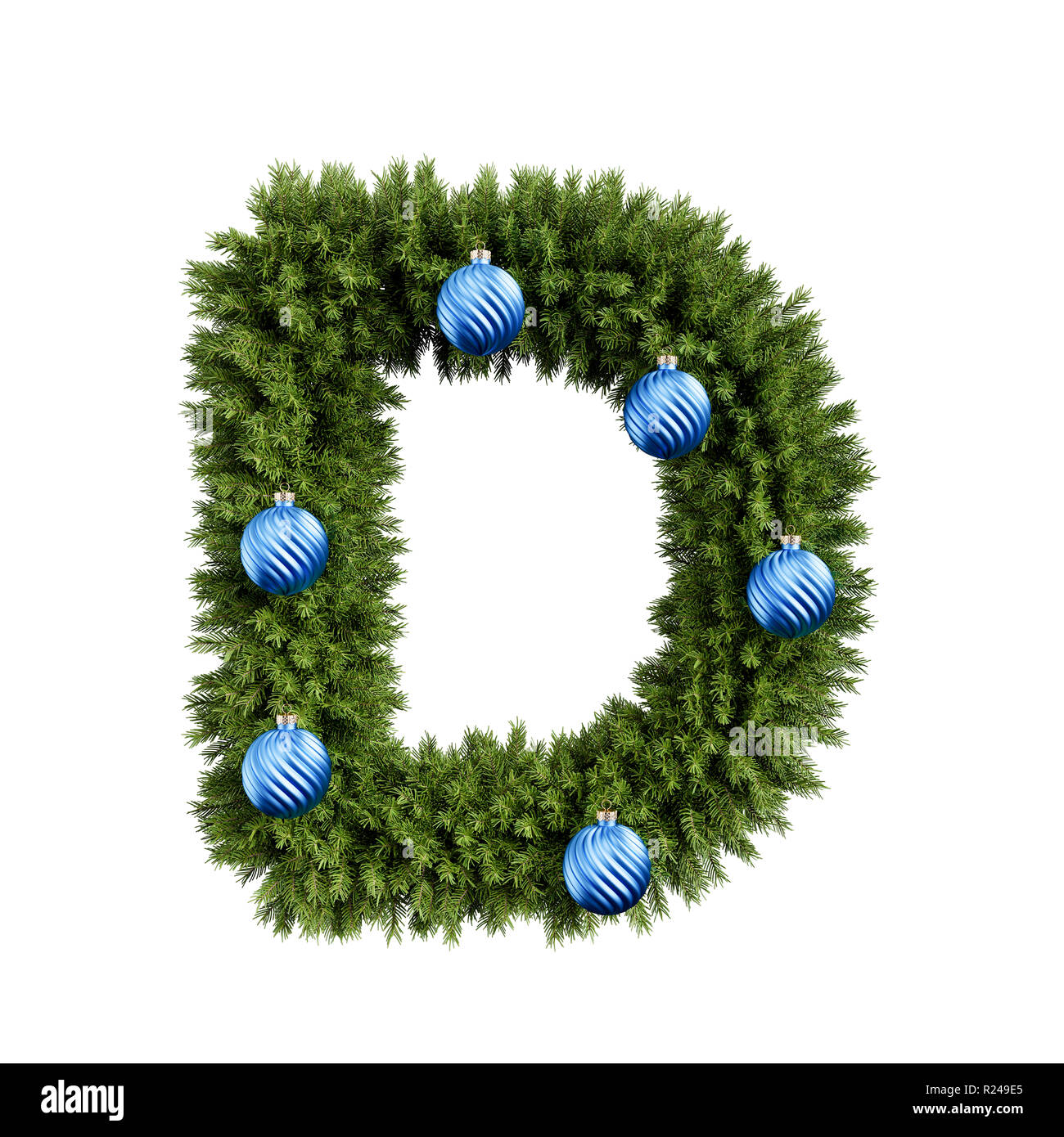Christmas alphabet ABC character letter D font with Christmas ball. Christmas tree branches capital letters decoration type with Christmas sphere. Hig Stock Photo