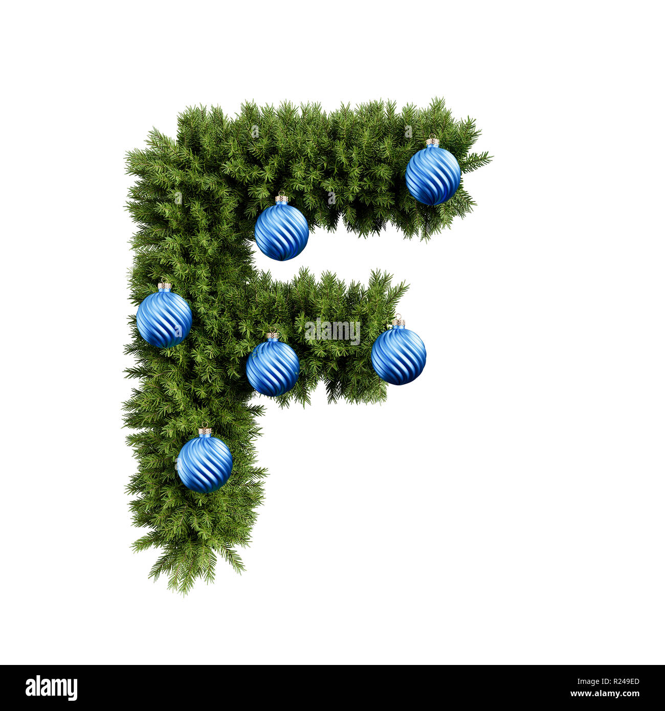 Christmas alphabet ABC character letter F font with Christmas ball. Christmas tree branches capital letters decoration type with Christmas sphere. Hig Stock Photo
