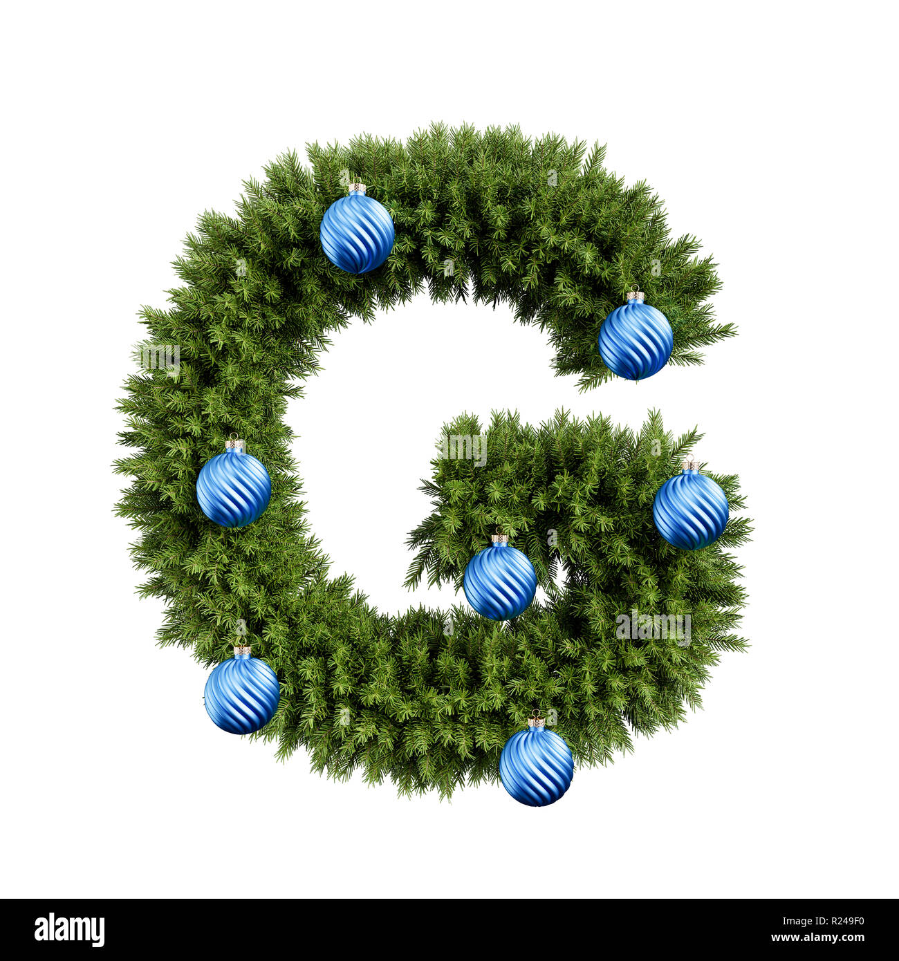 Christmas alphabet ABC character letter G font with Christmas ball. Christmas tree branches capital letters decoration type with Christmas sphere. Hig Stock Photo