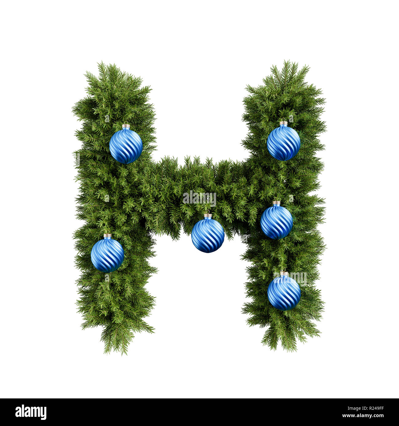 Christmas alphabet ABC character letter H font with Christmas ball. Christmas tree branches capital letters decoration type with Christmas sphere. Hig Stock Photo