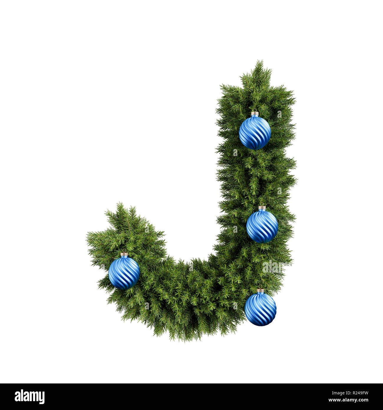 Christmas alphabet ABC character letter J font with Christmas ball. Christmas tree branches capital letters decoration type with Christmas sphere. Hig Stock Photo