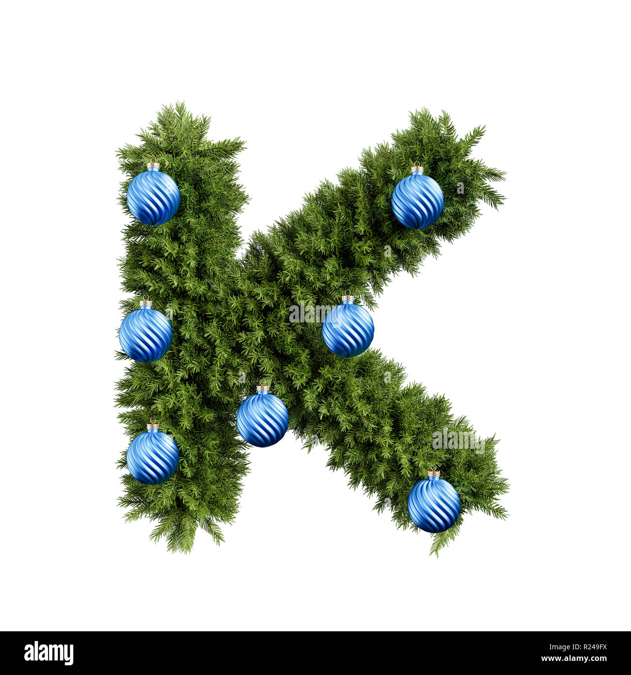 Christmas alphabet ABC character letter K font with Christmas ball. Christmas tree branches capital letters decoration type with Christmas sphere. Hig Stock Photo