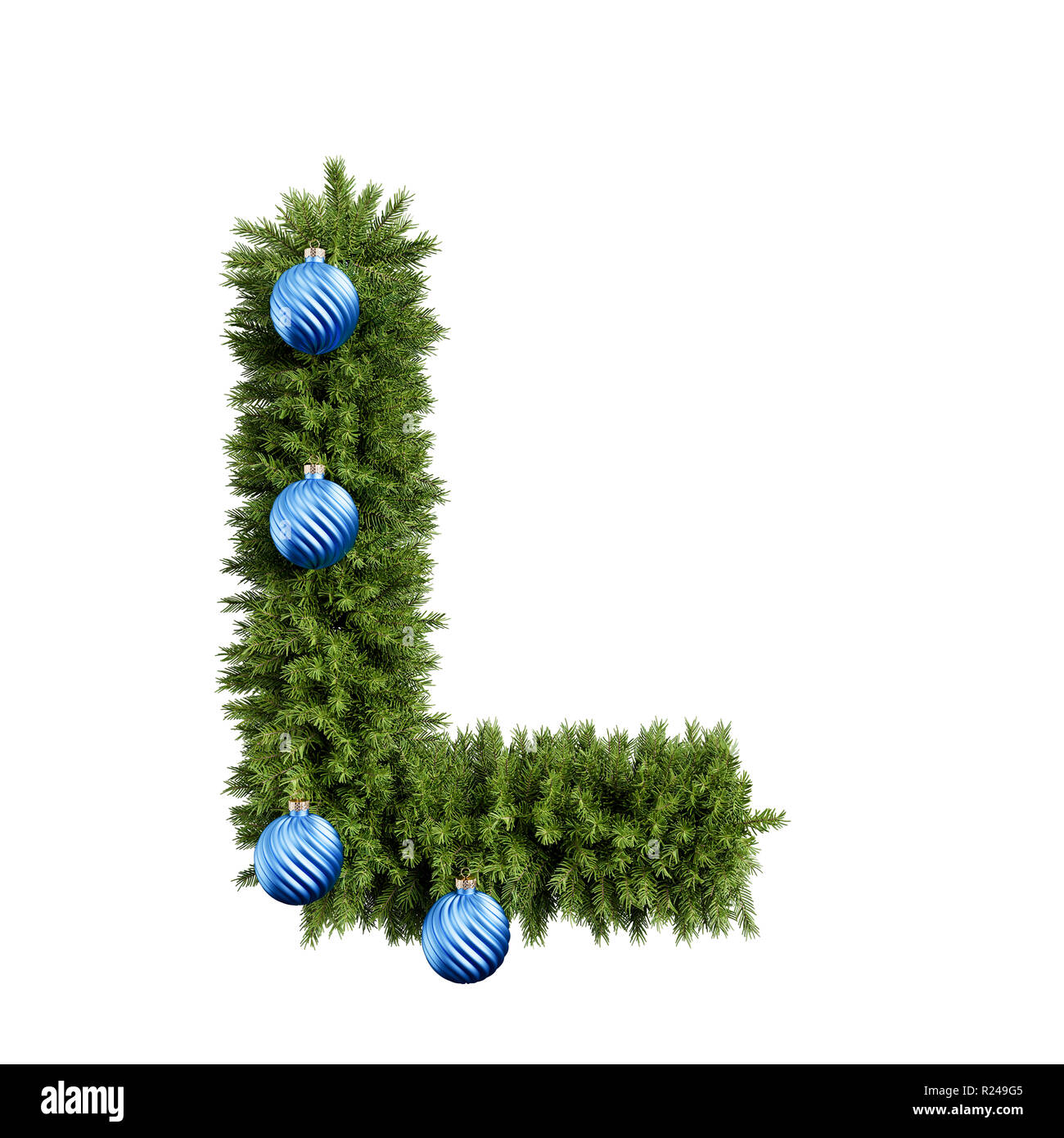 Christmas alphabet ABC character letter L font with Christmas ball. Christmas tree branches capital letters decoration type with Christmas sphere. Hig Stock Photo
