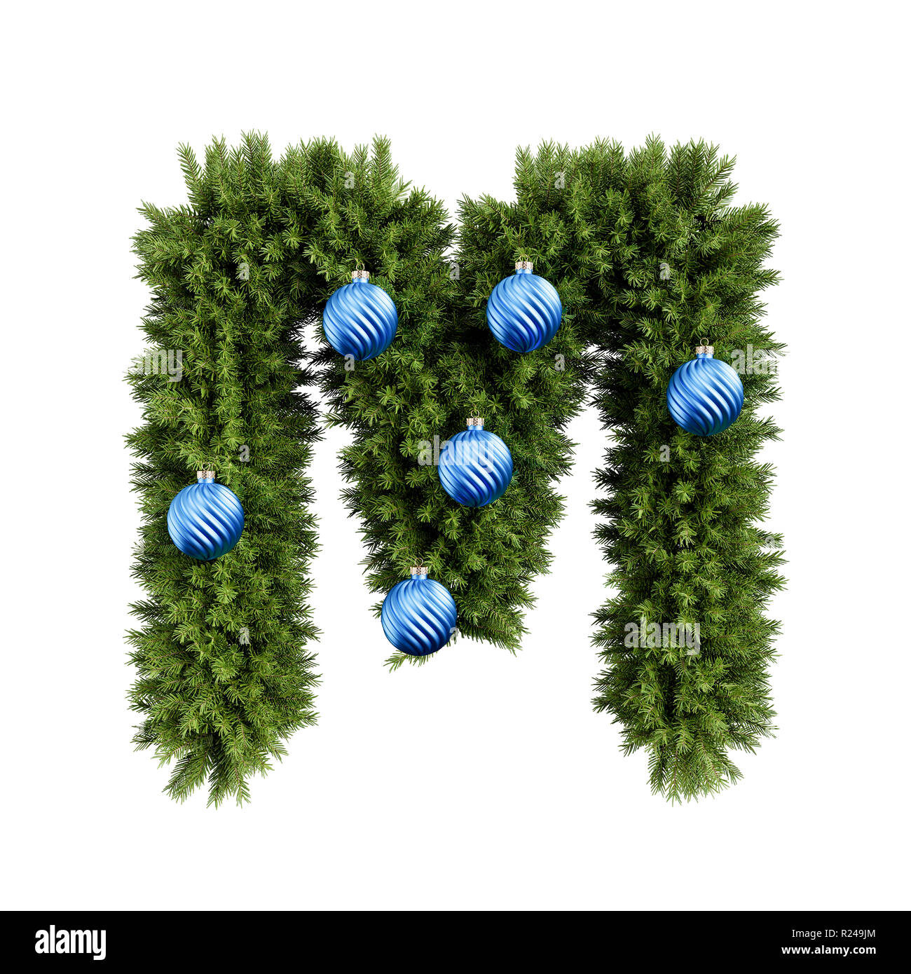 Christmas alphabet ABC character letter M font with Christmas ball. Christmas tree branches capital letters decoration type with Christmas sphere. Hig Stock Photo