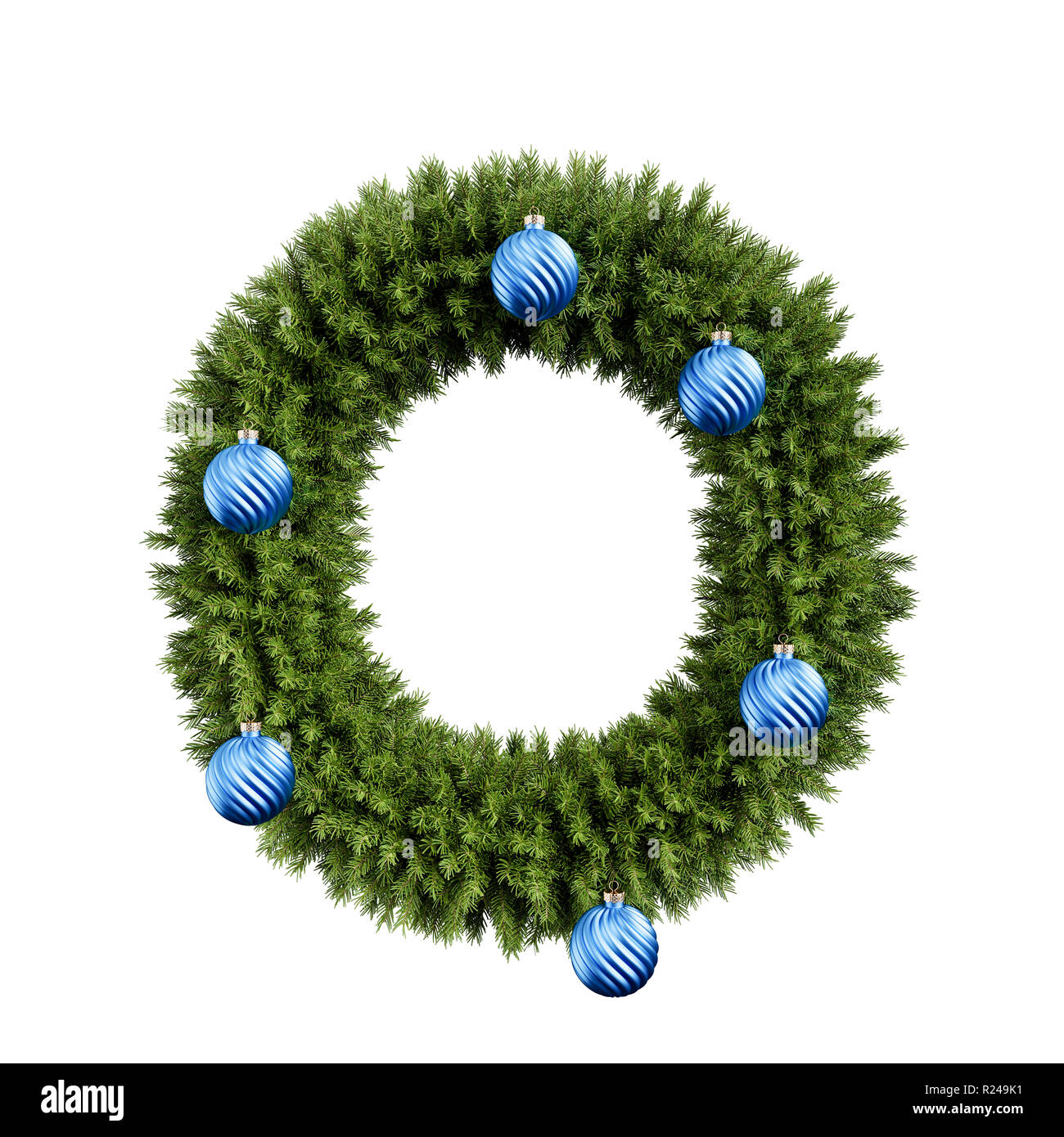 Christmas alphabet ABC character letter O font with Christmas ball. Christmas tree branches capital letters decoration type with Christmas sphere. Hig Stock Photo