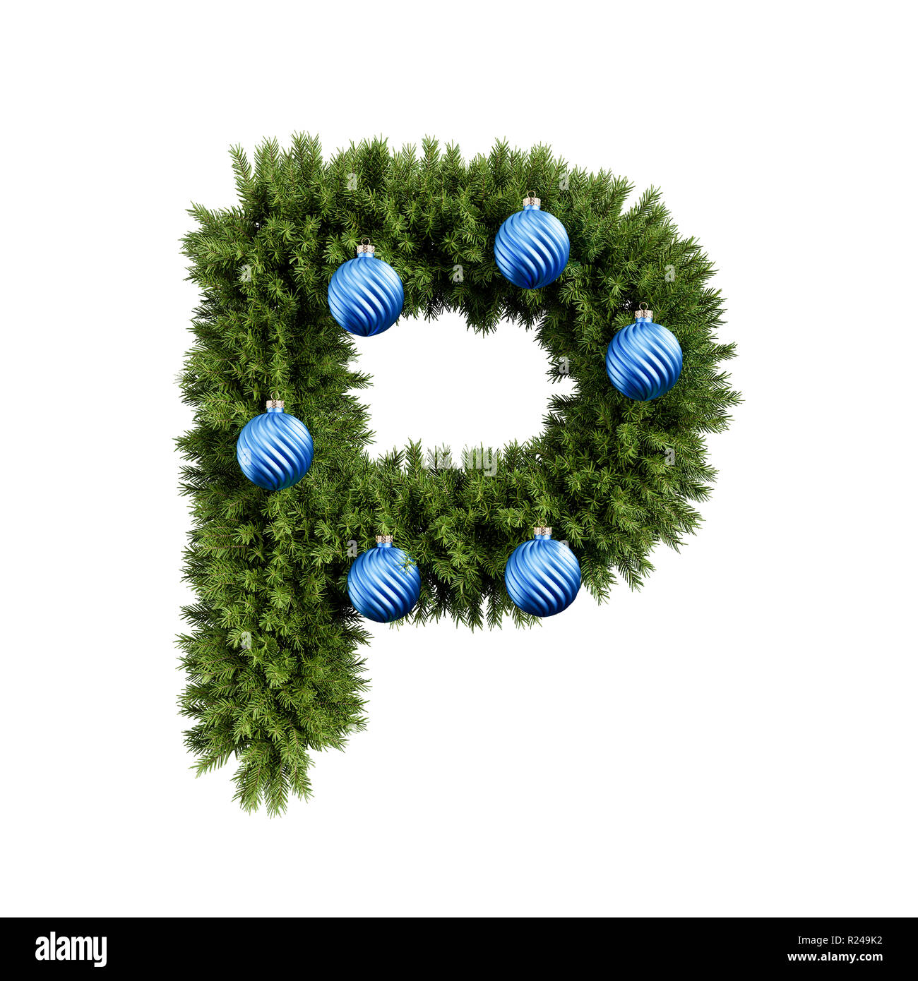 Christmas alphabet ABC character letter P font with Christmas ball. Christmas tree branches capital letters decoration type with Christmas sphere. Hig Stock Photo