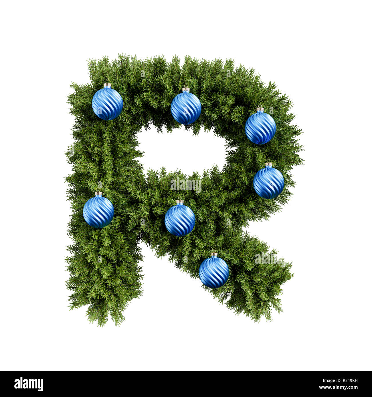 Christmas alphabet ABC character letter R font with Christmas ball. Christmas tree branches capital letters decoration type with Christmas sphere. Hig Stock Photo