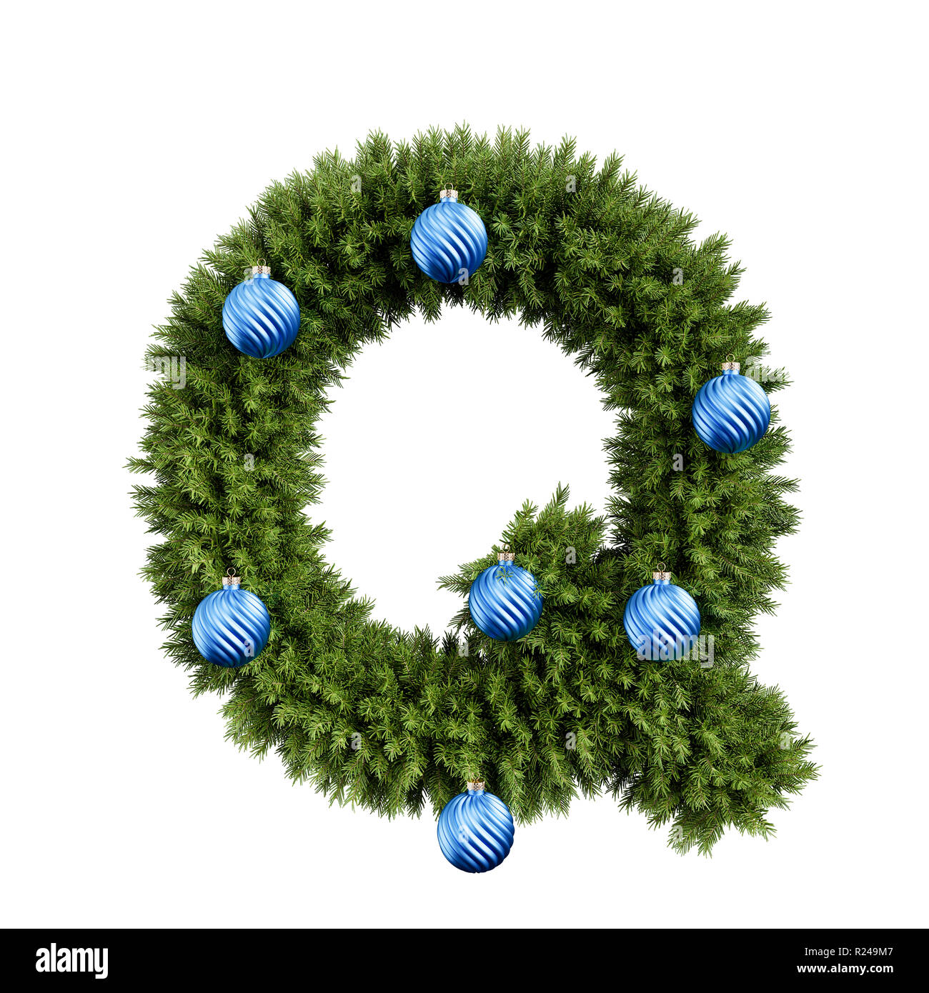 Christmas alphabet ABC character letter Q font with Christmas ball. Christmas tree branches capital letters decoration type with Christmas sphere. Hig Stock Photo