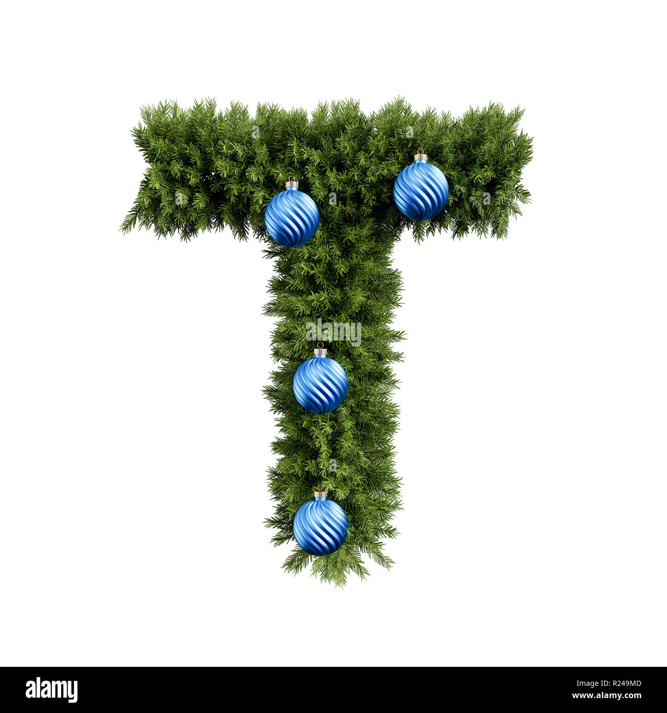 Christmas alphabet ABC character letter T font with Christmas ball. Christmas tree branches capital letters decoration type with Christmas sphere. Hig Stock Photo