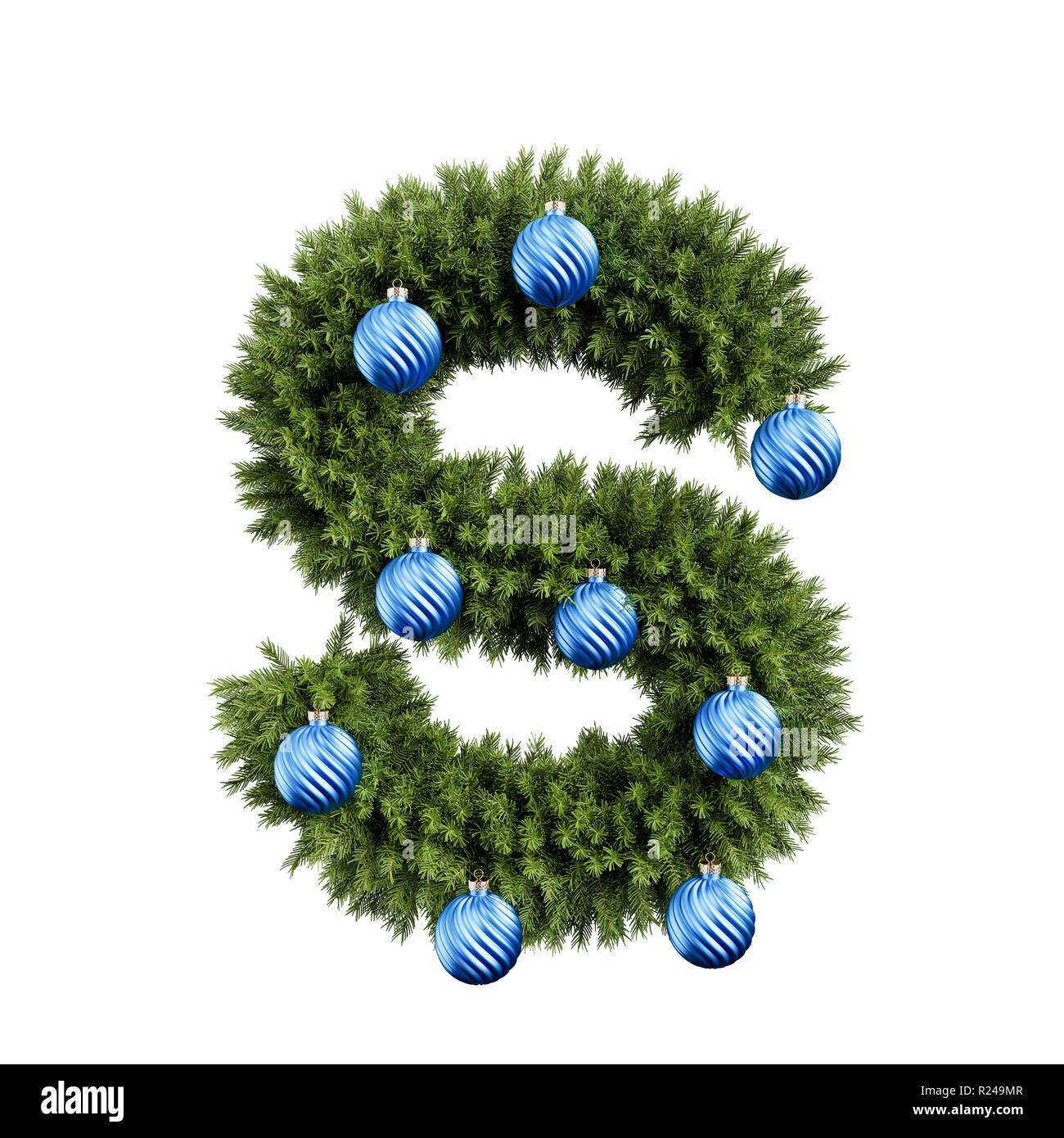 Christmas alphabet ABC character letter S font with Christmas ball. Christmas tree branches capital letters decoration type with Christmas sphere. Hig Stock Photo