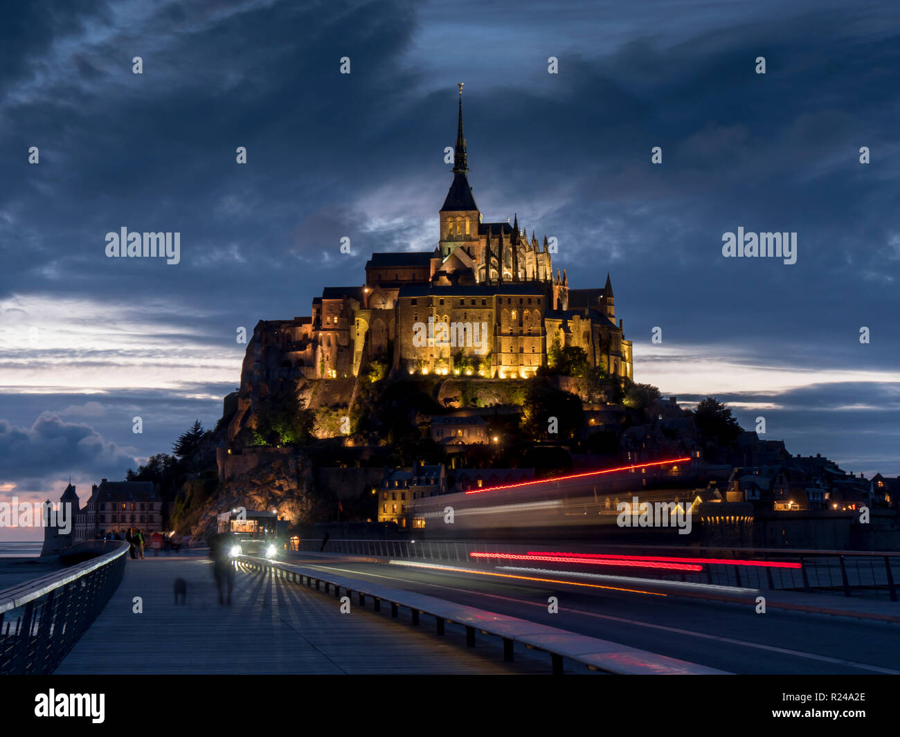 Mont St Michel, UNESCO World Heritage Site, holy island and peninsula at dusk, Normandy, France, Europe Stock Photo