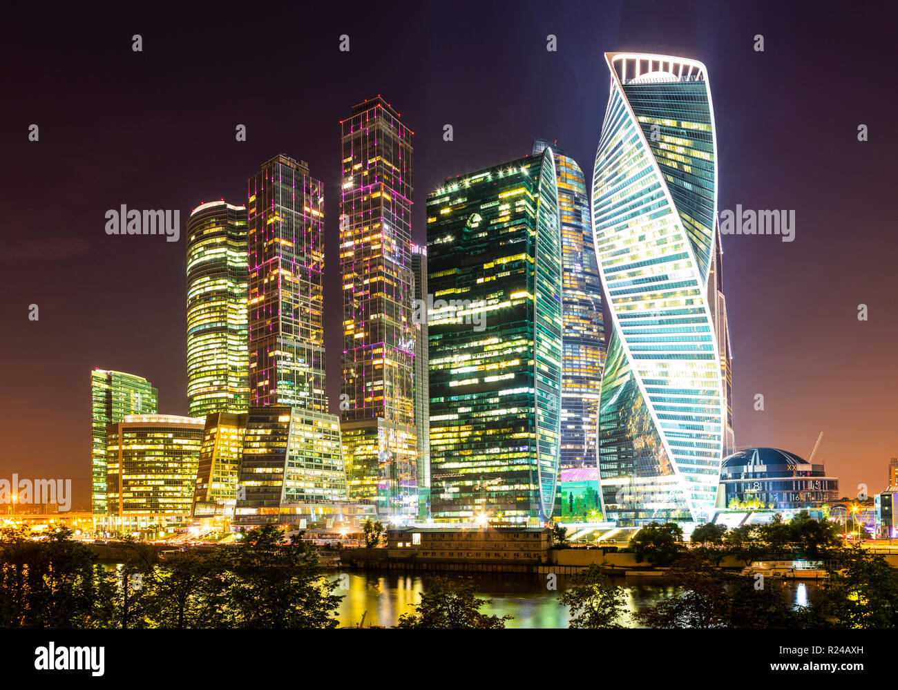 Skyscrapers in business center of Presnensky District, beside the Moscow River at night, Moscow, Russia, Europe Stock Photo