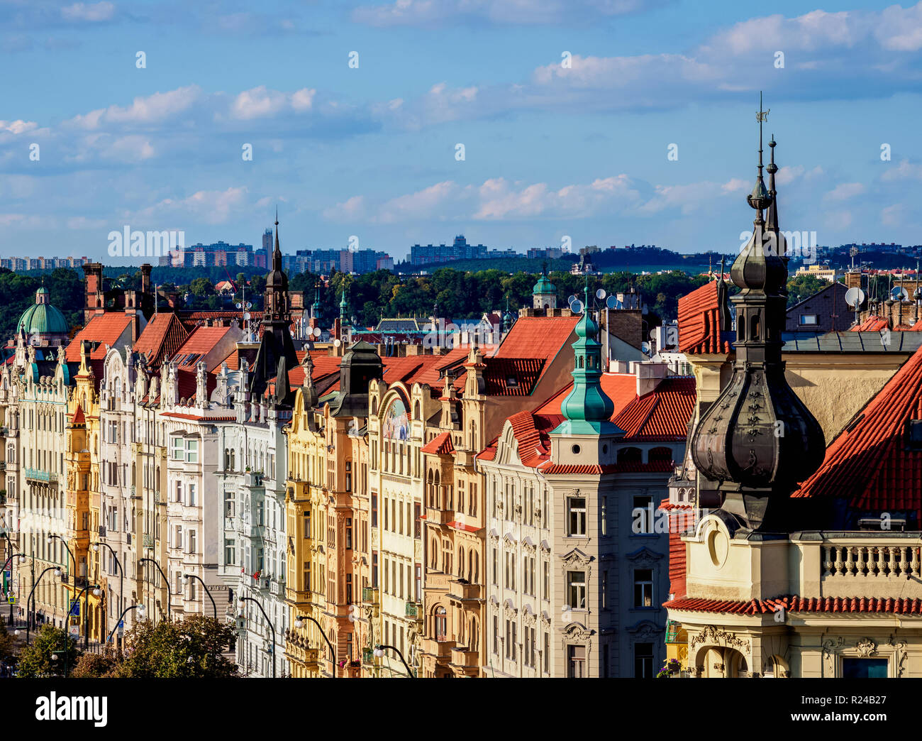 Architecture of the Nove Mesto (New Town), Masarykovo Street, elevated view, Prague, Bohemia Region, Czech Republic, Europe Stock Photo