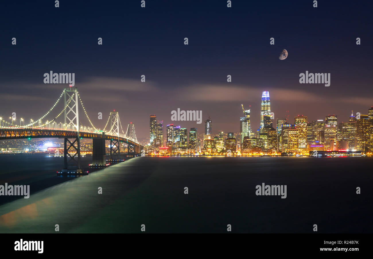 View Of San Francisco Skyline And Oakland Bay Bridge From Treasure Island At Night San Francisco California United States Of America North America Stock Photo Alamy