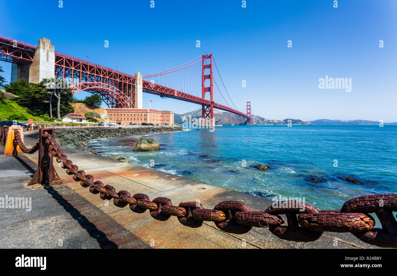 View of Golden Gate Bridge and Fort Point from Marine Drive, San