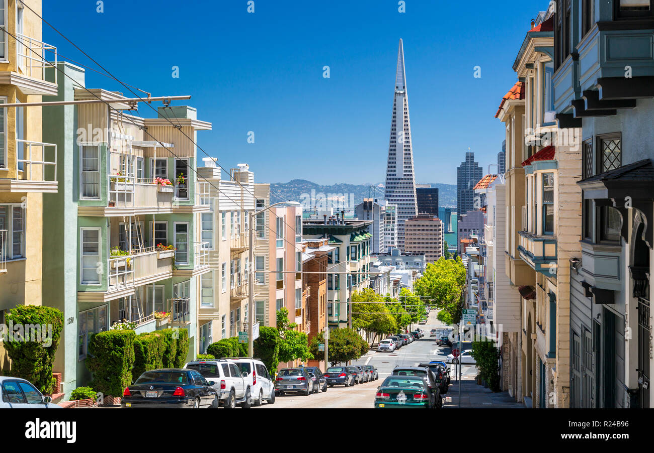 San Francisco Street View Street View Of Transamerica Pyramid And Oakland Bay Bridge, San Francisco,  California, United States Of America, North America Stock Photo - Alamy