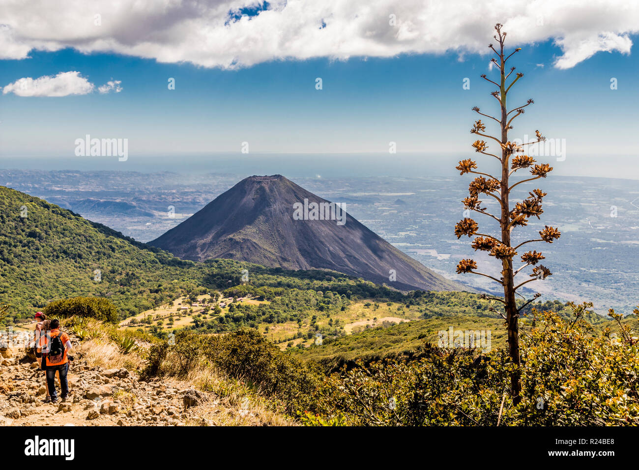 A view of Volcano Izalco and a hiker from Volcano Santa Ana (Ilamatepec ) in Santa Ana, El Salvador, Central America Stock Photo