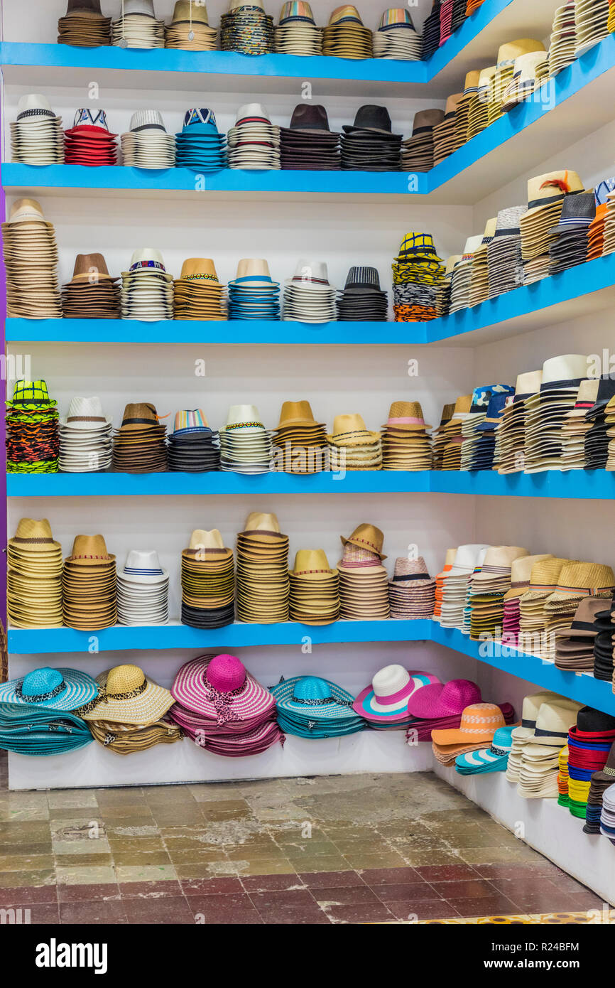 A hat store selling Panama hats in the historic old quarter (Casco Viejo), Panama City, Panama, Central America Stock Photo