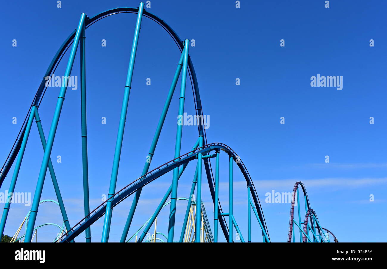 Orlando, Florida. October 19, 2018 Amusement Mako and Terrific Kraken rollercoasters in Seaworld Theme Park. Stock Photo