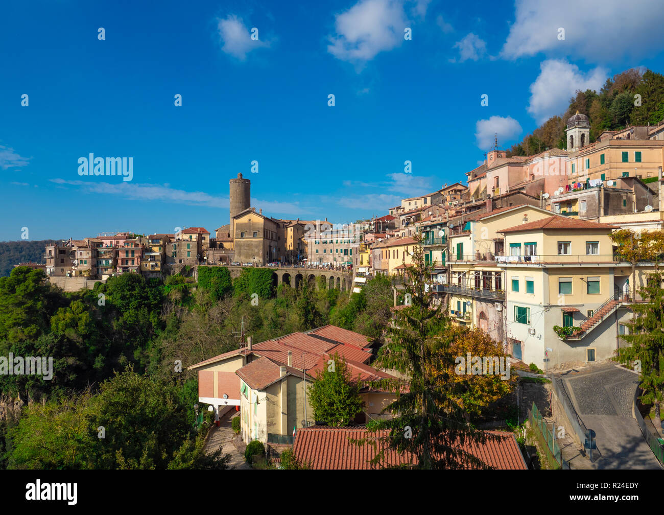 Nemi (Italy) - A nice little town in the metropolitan city of Rome, on the hill overlooking the Lake Nemi, a volcanic crater lake. Stock Photo