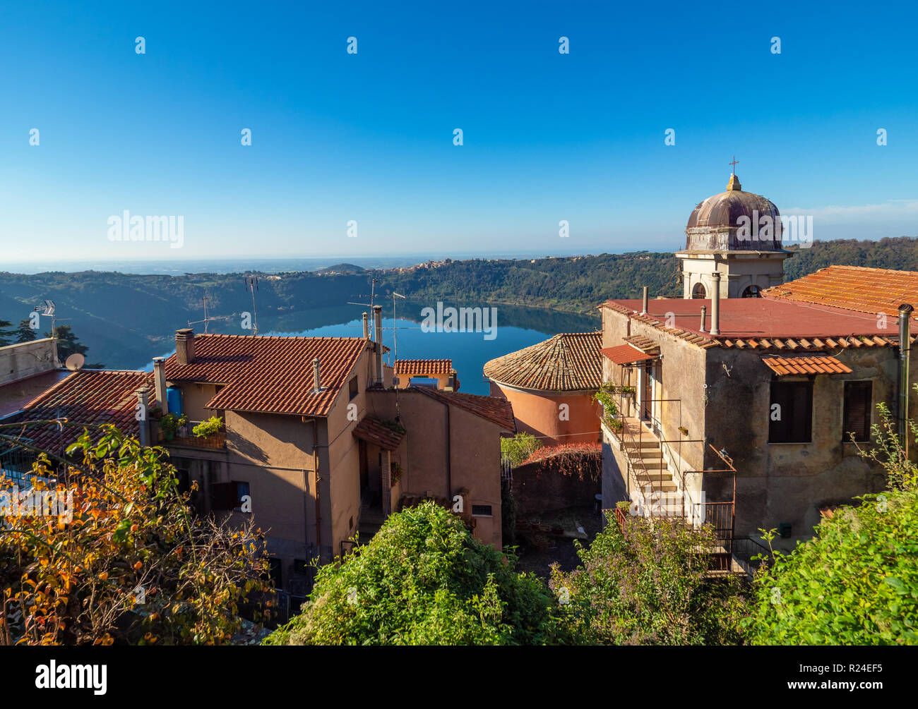 Nemi (Italy) - A nice little town in the metropolitan city of Rome, on the hill overlooking the Lake Nemi, a volcanic crater lake. Stock Photo