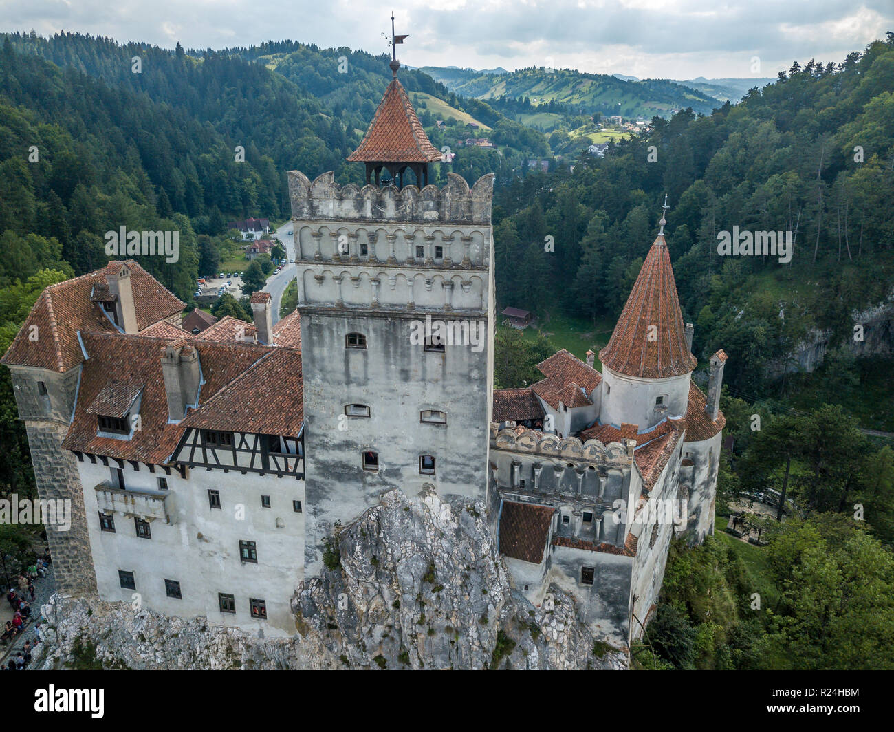 Aerial panorama of Dracula castle at Bran, Transylvania, Romania widely associated with Vlad Tepes near Brasov Stock Photo