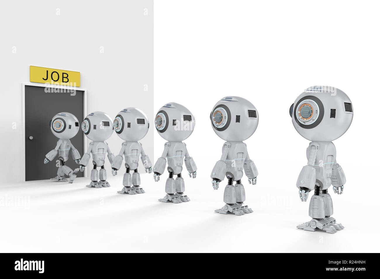 Robot replace human job concept with 3d rendering robot walk in line to