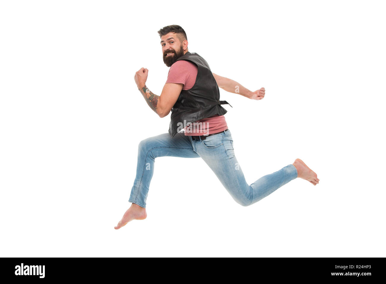 Never stop. Man thief run away. Keep moving concept. Guy bearded hipster captured in running motion isolated on white background. Bearded man running high speed. Escape and runaway. Running motion. Stock Photo