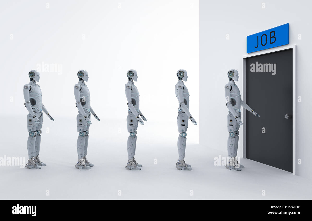 Robot replace human job concept with 3d rendering robot walk in line to