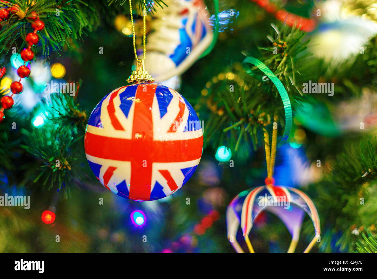 Christmas Tree With Christmas Toys In The Image Of The British Flag Concept New Year Celebration Background Stock Photo Alamy
