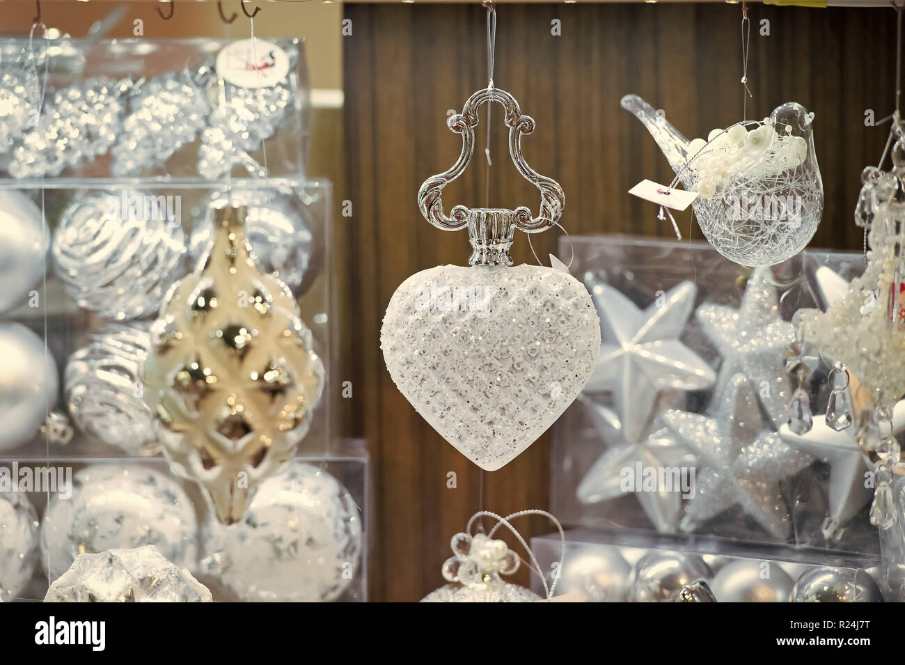 Christmas And New Year Decorations Glass Heart And Bird Hanging