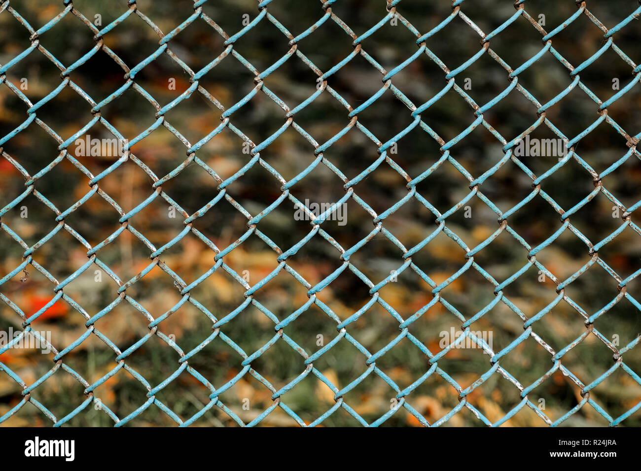 Fence made of steel wire mesh. In places, the rusted wire mesh steel