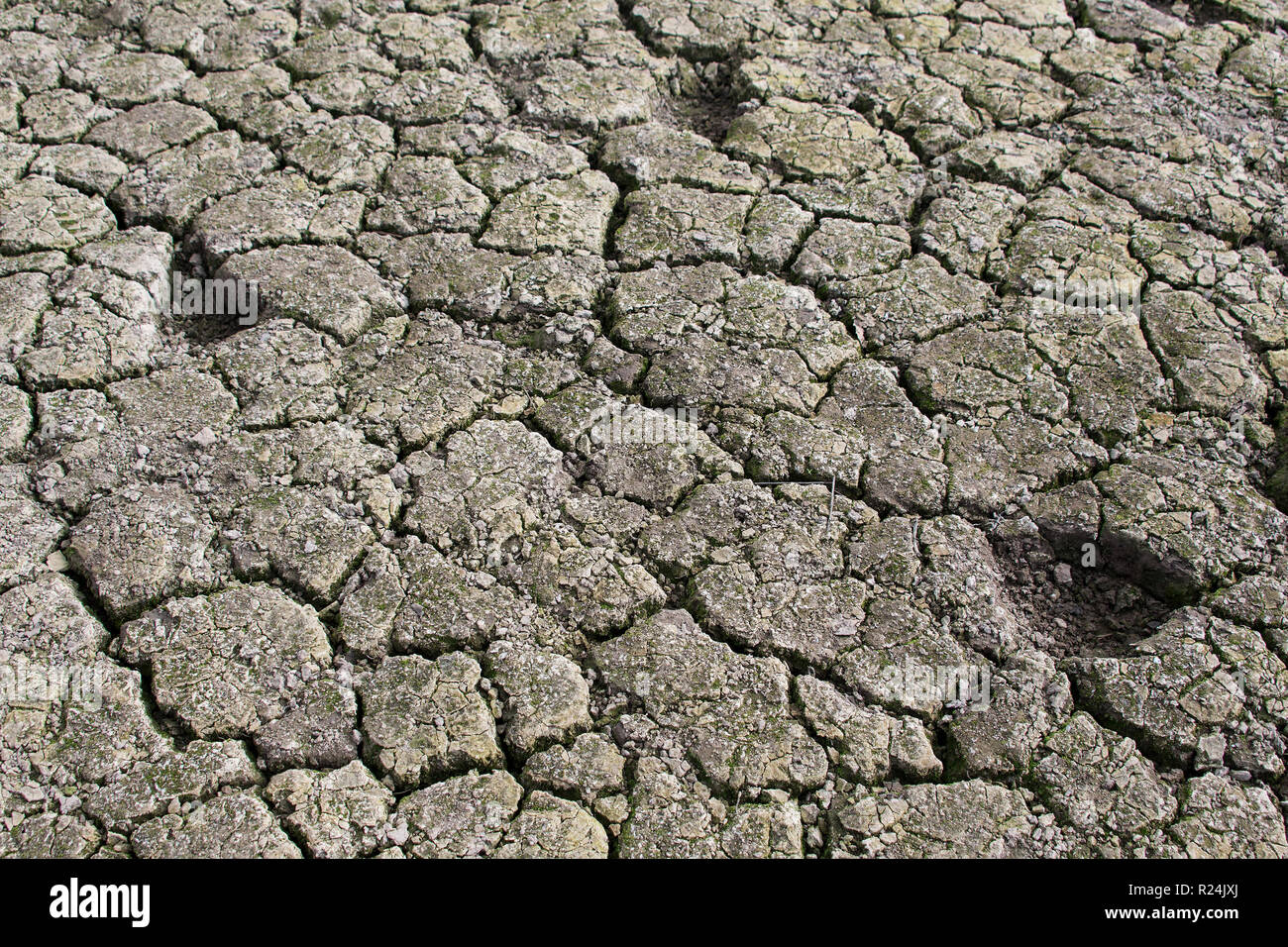 Dry ground in the almost dry riverbed of Edersee Lake in Kellerwald-Edersee National Park. Stock Photo