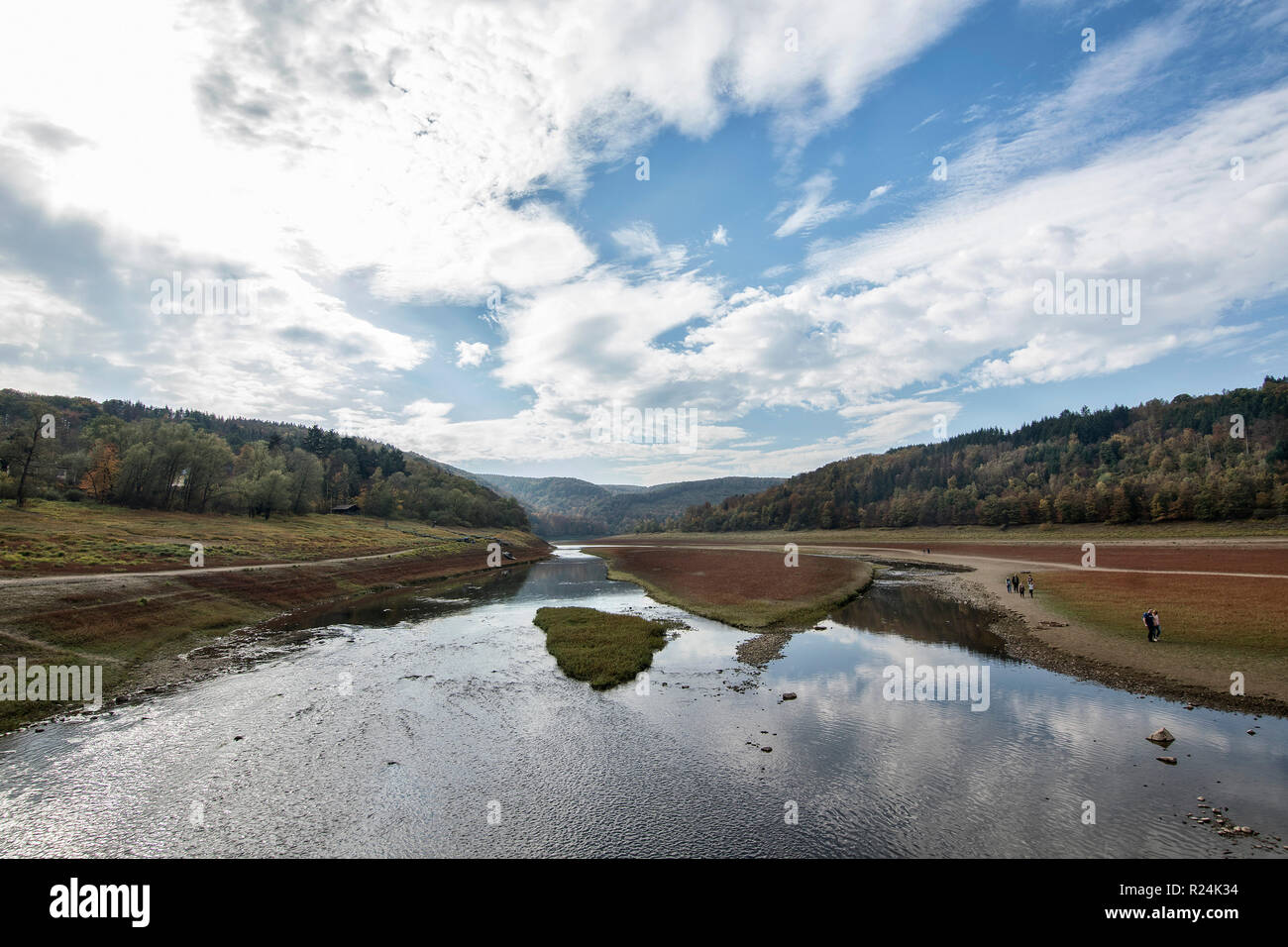 The almost dry riverbed at Edersee Lake in Kellerwald-Edersee National Park. Stock Photo