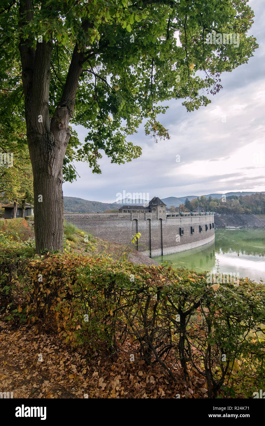 Dam wall at the Edertal Lock, Kellerwald-Edersee National Park. Stock Photo