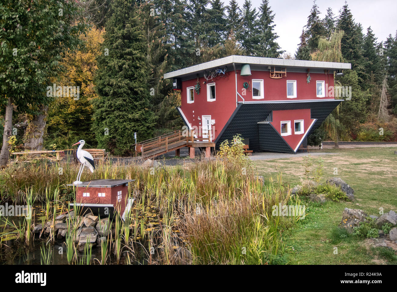 The 'Crazy House'  at the Edersee reservoir in North Hessen. Strange upside-down house which one can visit. Stock Photo