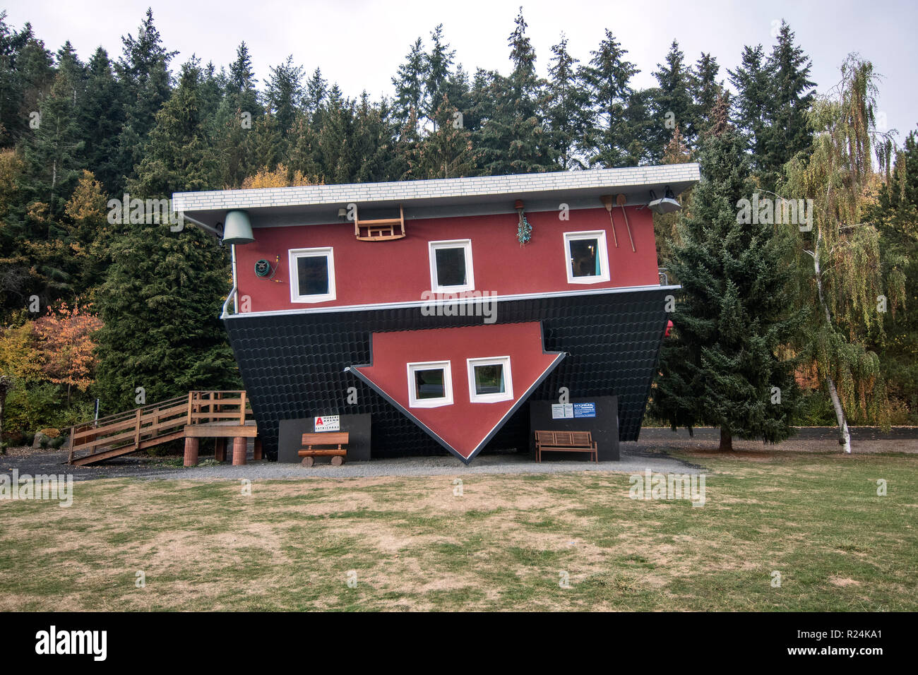 The 'Crazy House'  at the Edersee reservoir in North Hessen. Strange upside-down house which one can visit. Stock Photo