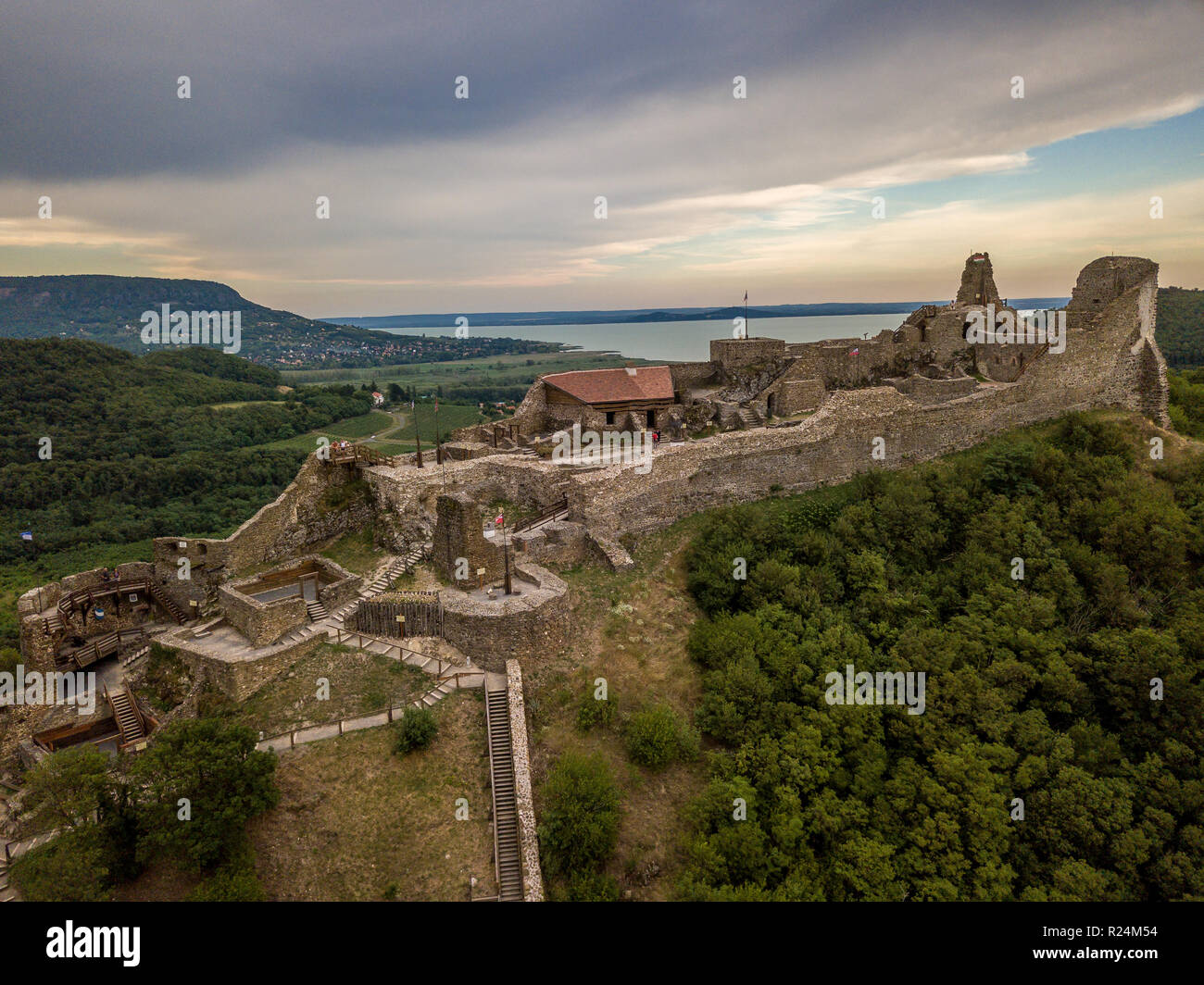 Aerial view of Szigliget castle over Lake Balaton in Hungary Stock Photo