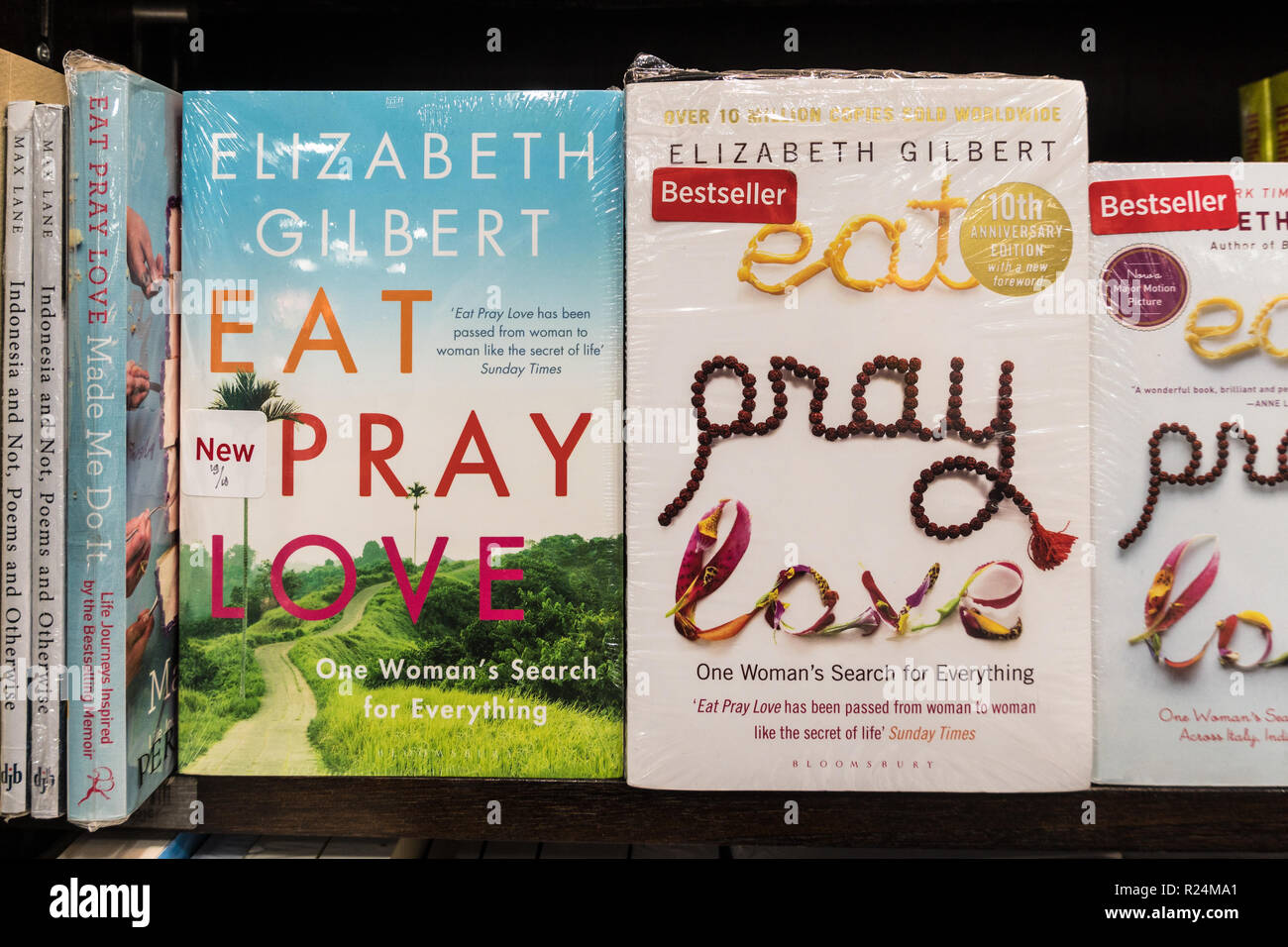 Jakarta, Indonesia - November 13 2018: the famous Eat Pray and Love novel displayed in a modern bookstore. Stock Photo