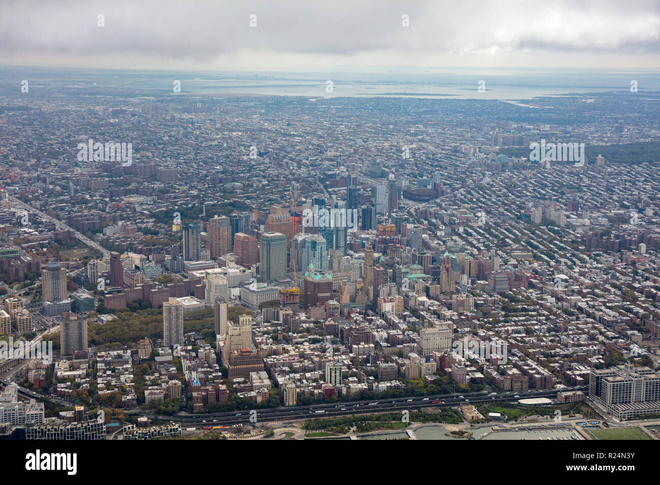 helicopter aerial view of Brooklyn Heights and downtown Brooklyn, New York City, USA Stock Photo