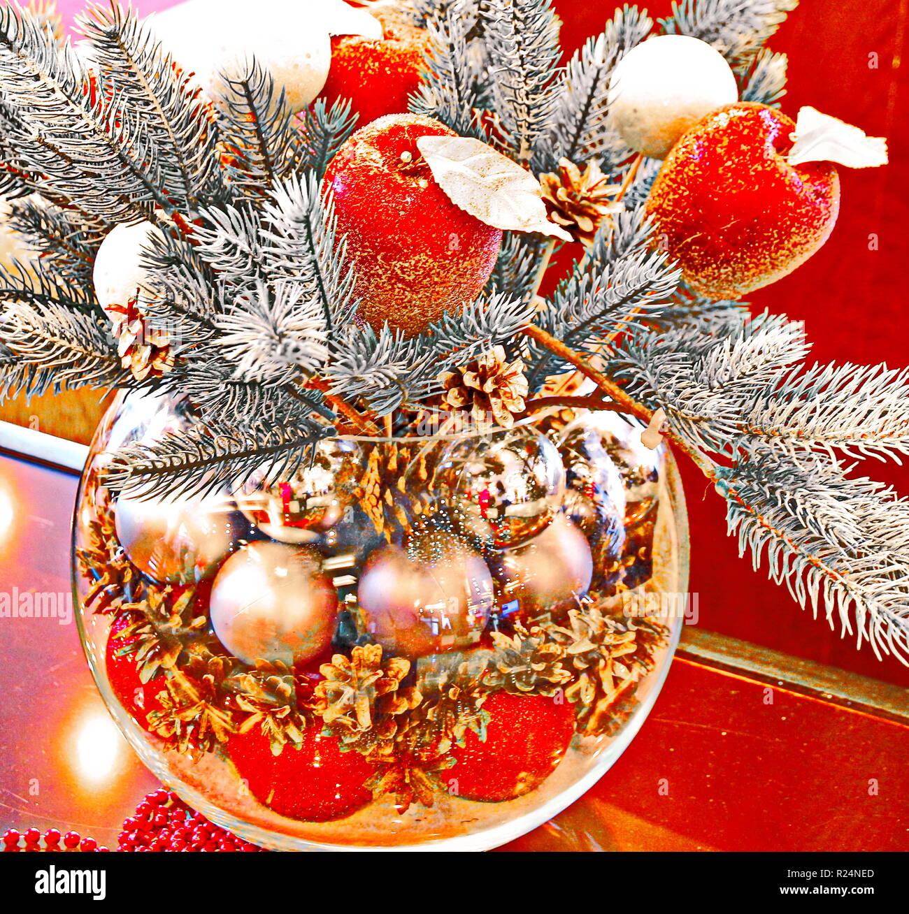 Christmas Holidays Composition With Red Apples And Glass Vase