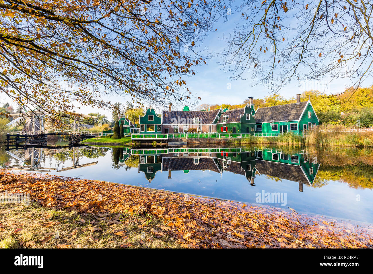 Typical Dutch village with little green gable houses in the open air