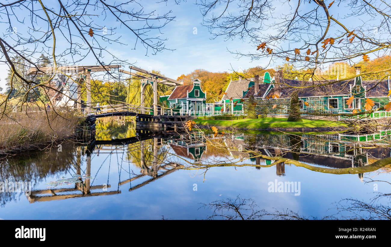 Typical Dutch village with little green gable houses in the open air
