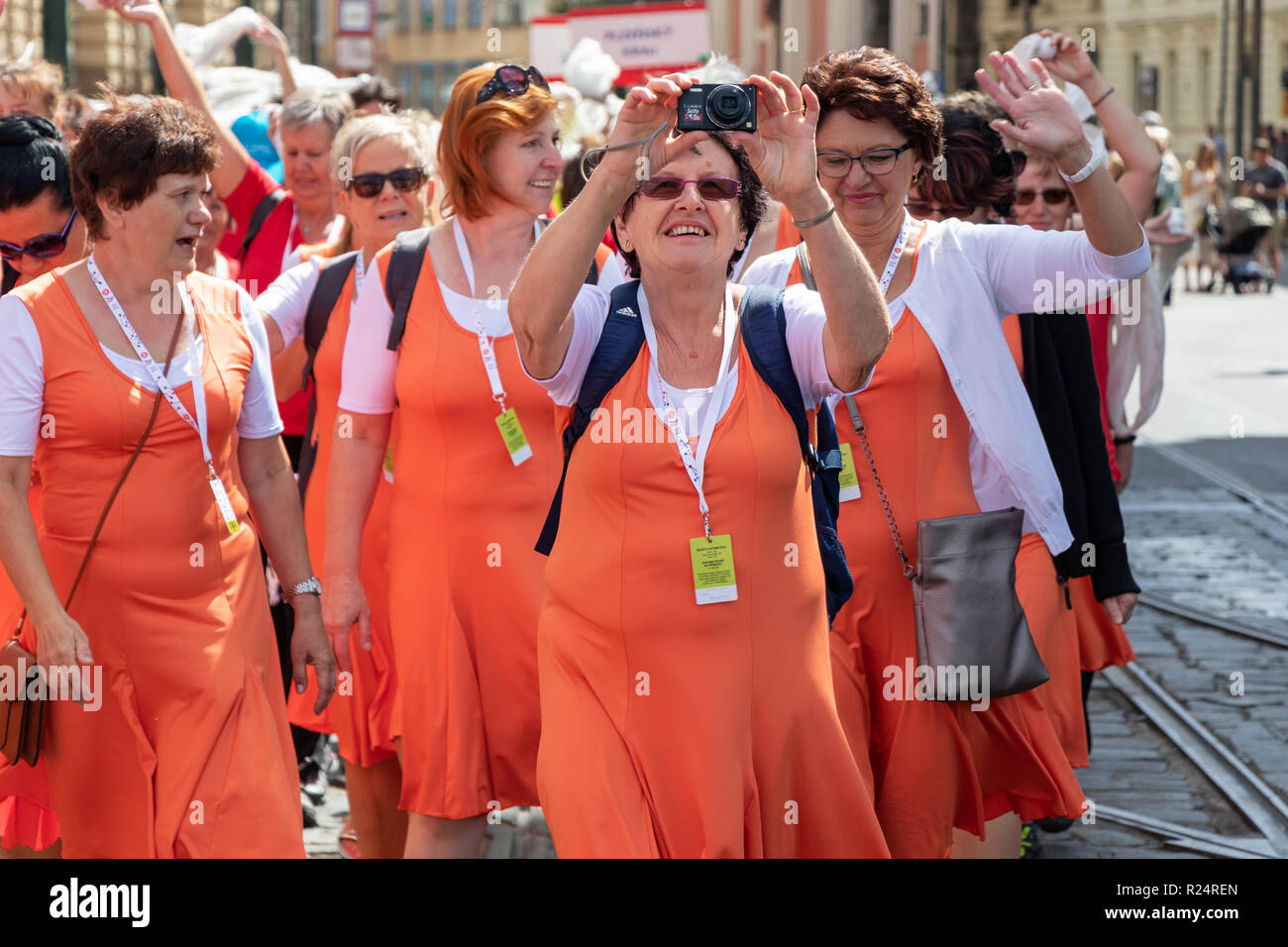 PRAGUE, CZECH REPUBLIC - JULY 1, 2018: Women parading at Sokolsky Slet, a once-every-six-years gathering of the Sokol movement - a Czech sports associ Stock Photo