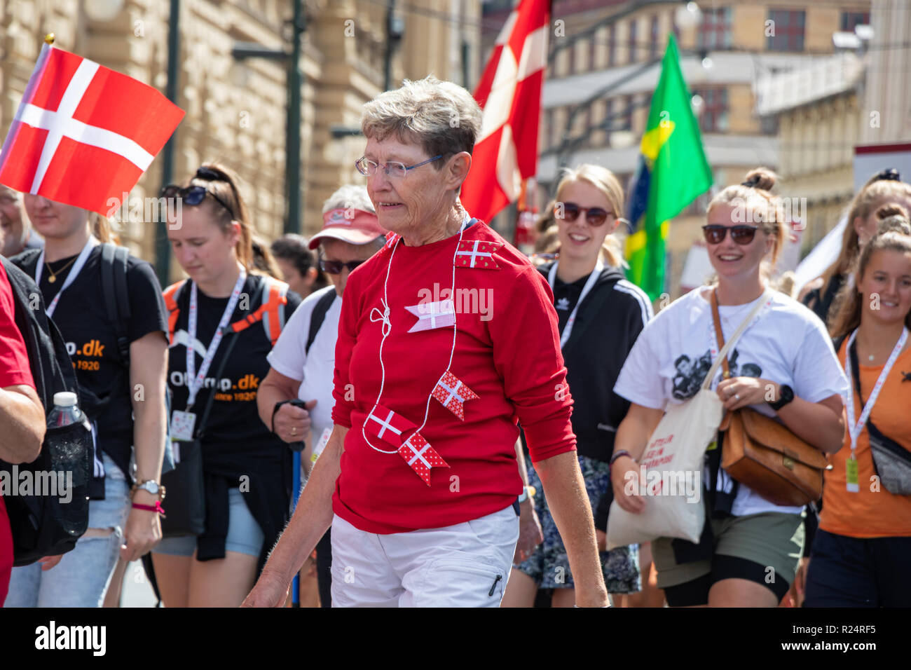PRAGUE, CZECH REPUBLIC - JULY 1, 2018: Danish visitors parading at Sokolsky Slet, a once-every-six-years gathering of the Sokol movement - a Czech spo Stock Photo