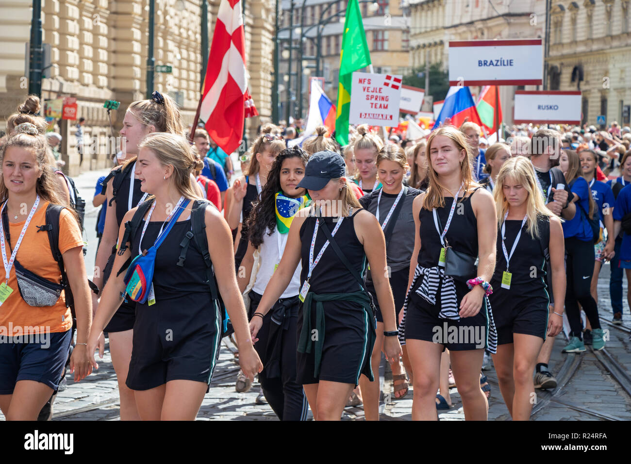 PRAGUE, CZECH REPUBLIC - JULY 1, 2018: International visitors parading at Sokolsky Slet, a once-every-six-years gathering of the Sokol movement - a Cz Stock Photo