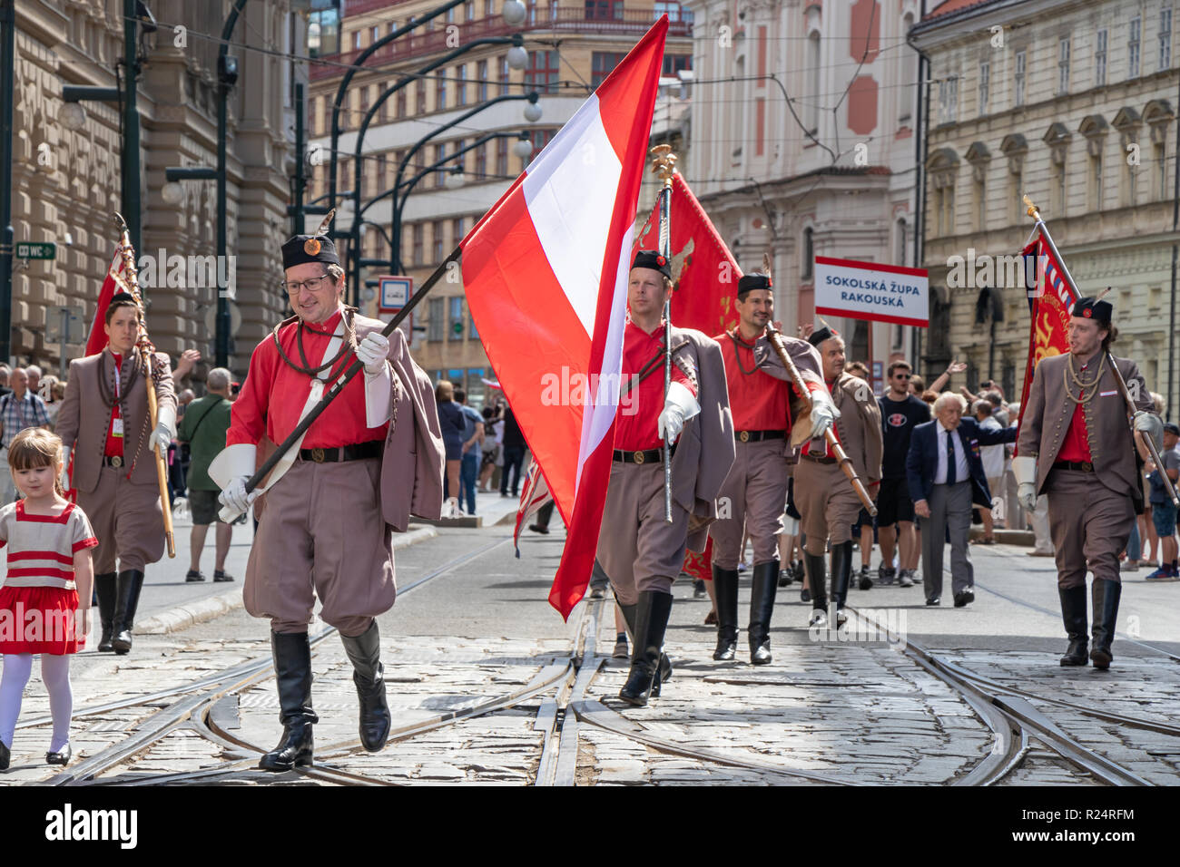 PRAGUE, CZECH REPUBLIC - JULY 1, 2018: Austrian visitors parading at Sokolsky Slet, a once-every-six-years gathering of the Sokol movement - a Czech s Stock Photo